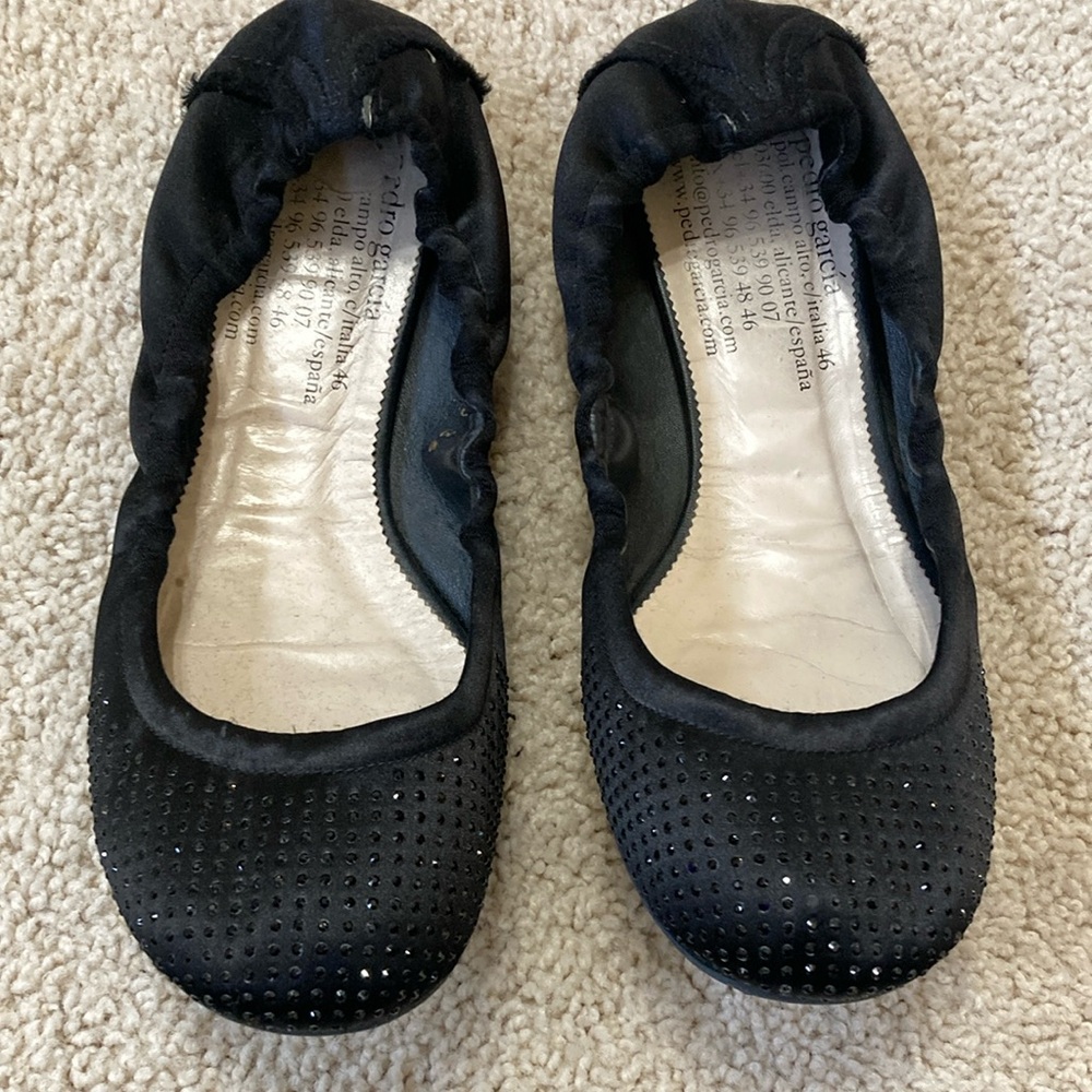 Pedro Garcia Black Satin Crystal Studded Ballet Flats 36 6